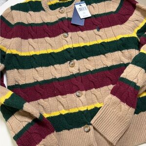 Polo Ralph Lauren Women's Wool Cable-Knit Striped Cardigan Sweater Beige Green L